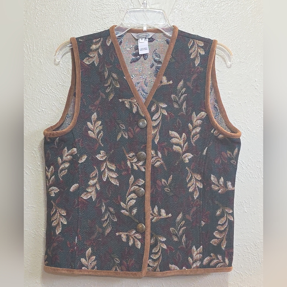 Stonebridge Floral‎ Leaf Patterned Vest with Brown Velvet Trim Womens S Corduroy
